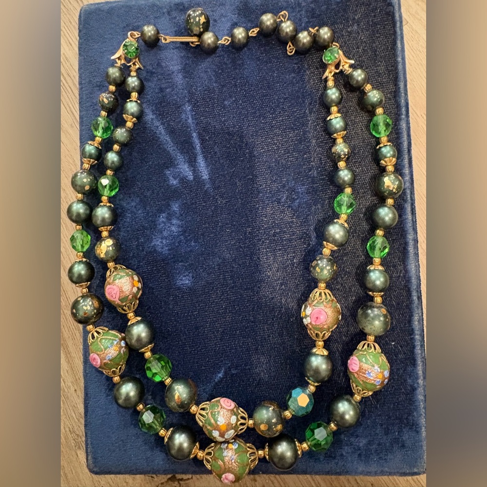 Elegant Green and Gold Wedding Cake Bead, Double Strand Necklace